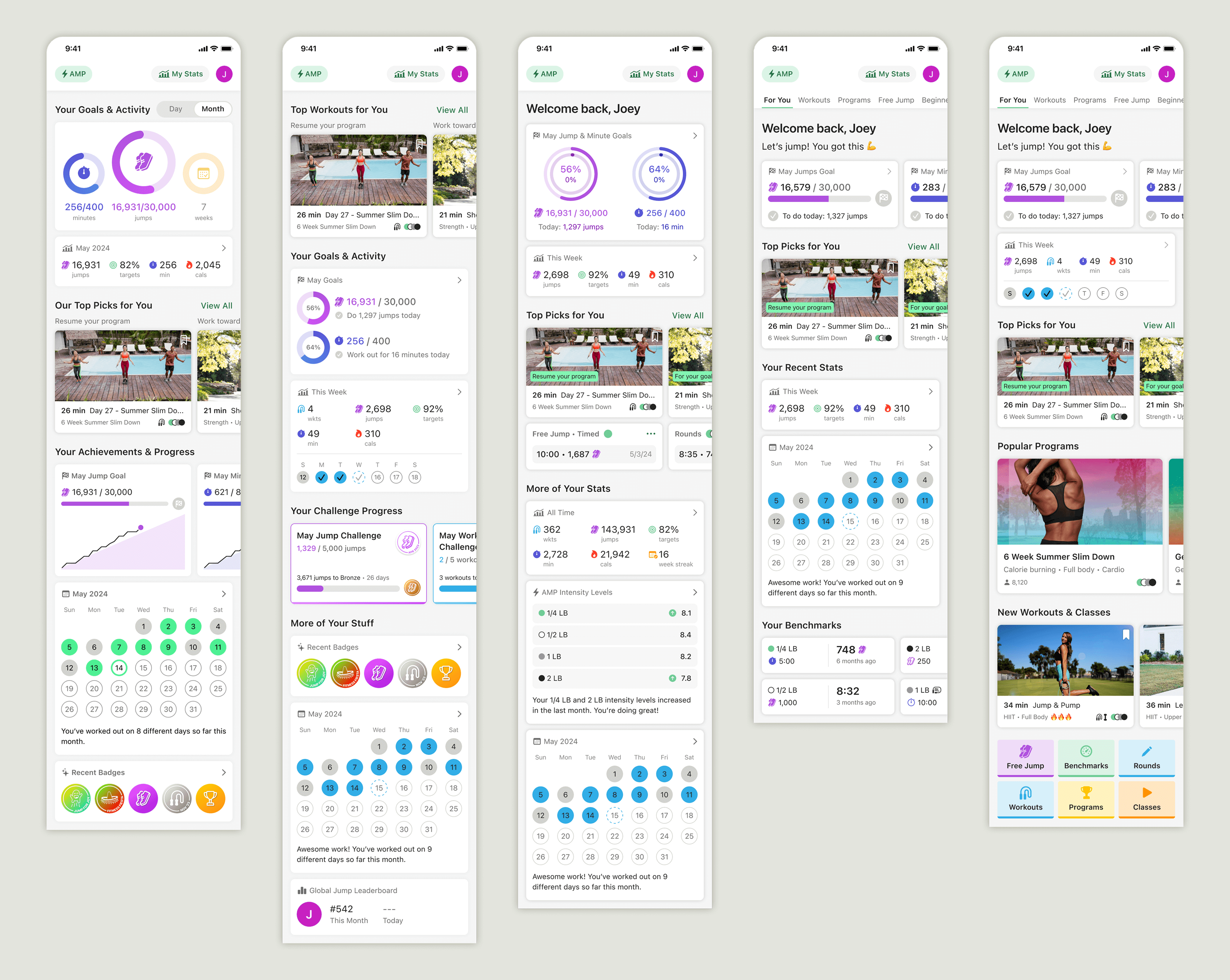 Five different versions of the For You tab concept, each containing variations of user stats content
