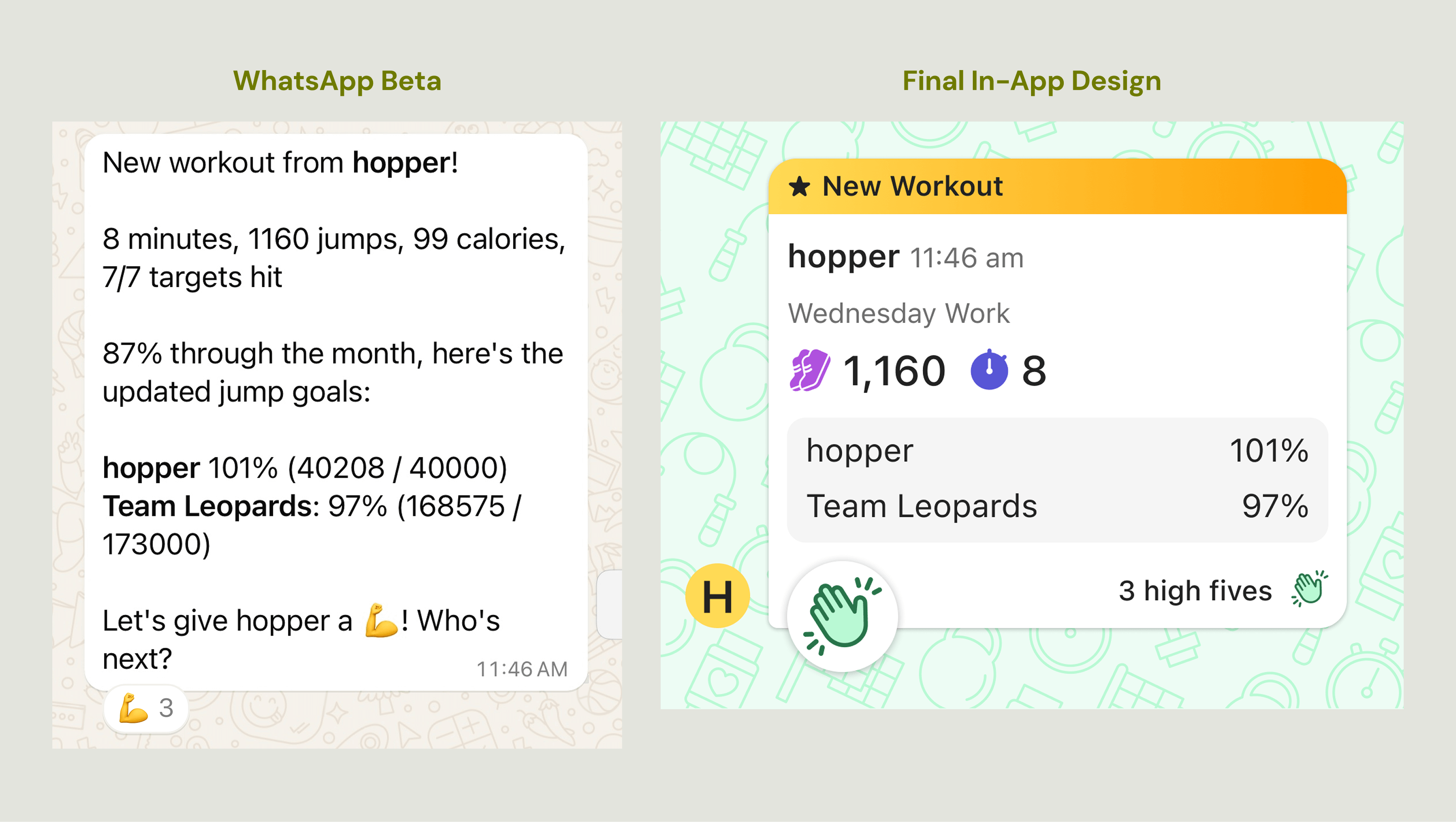 Two versions of the new workout message: the simple version from the Beta test, and the one from the final design