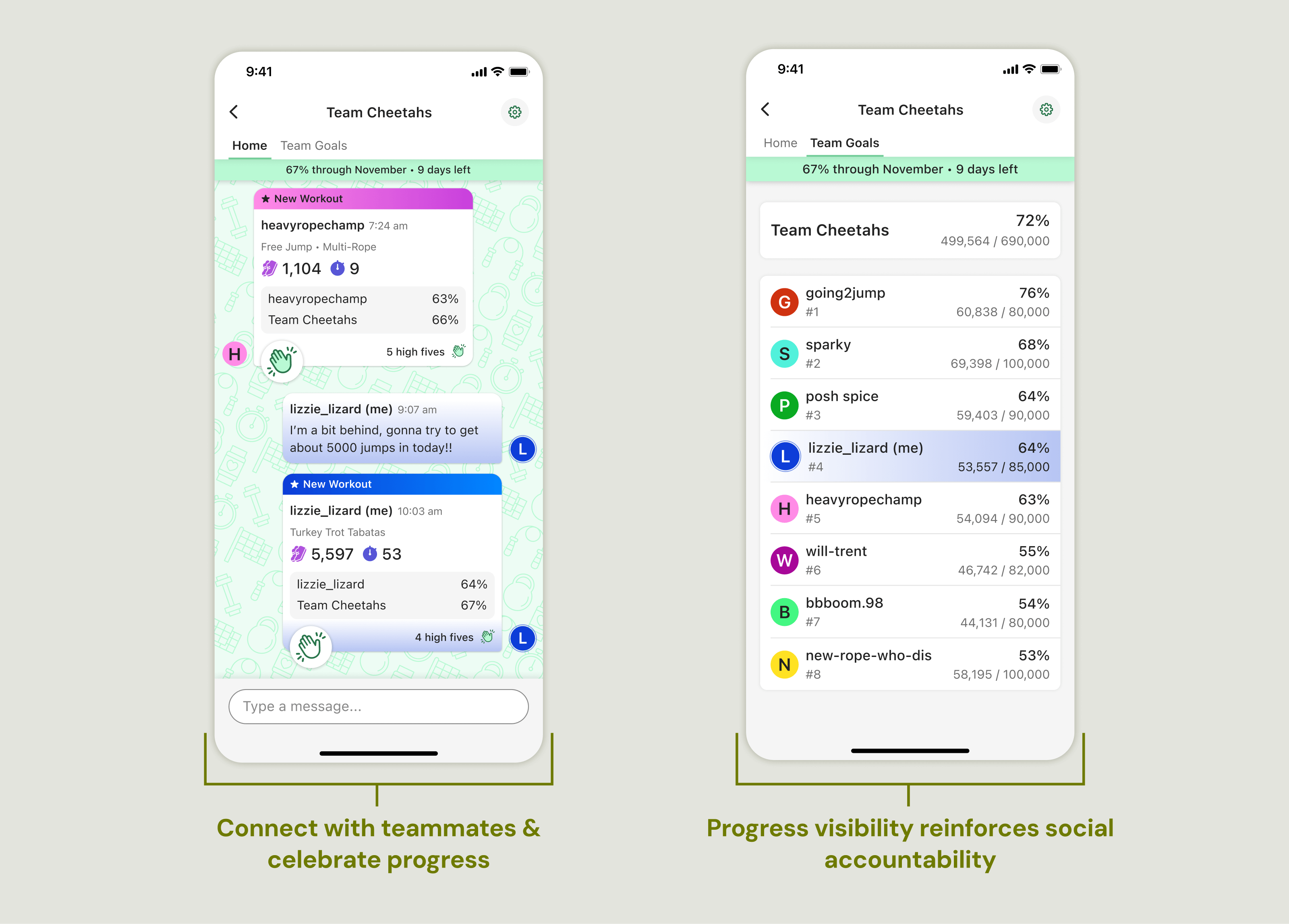 Screenshots of key screens from the Teams feature: the Team chat, and Team goals