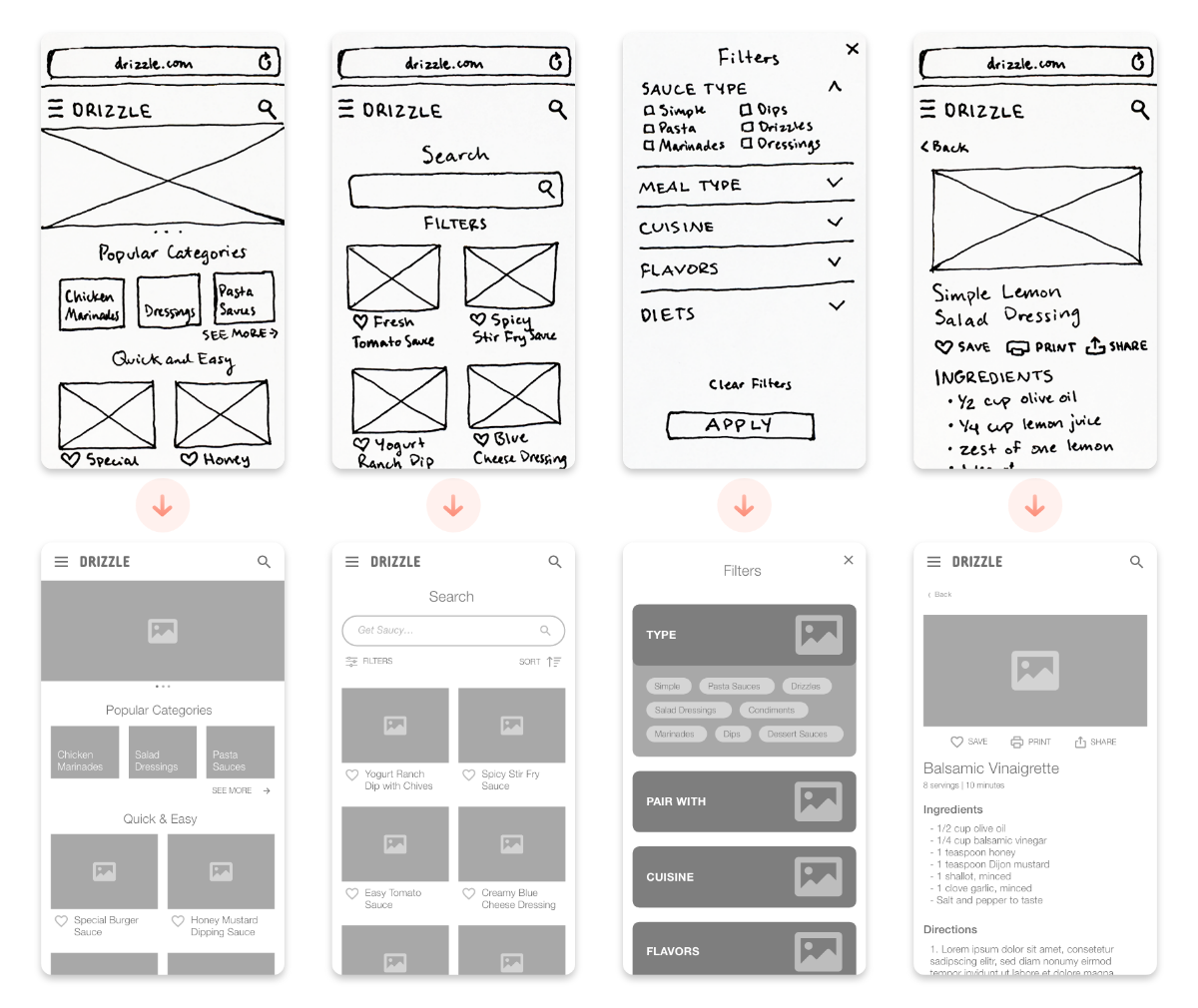 Progression of several screens from sketch to low-fidelity wireframe.