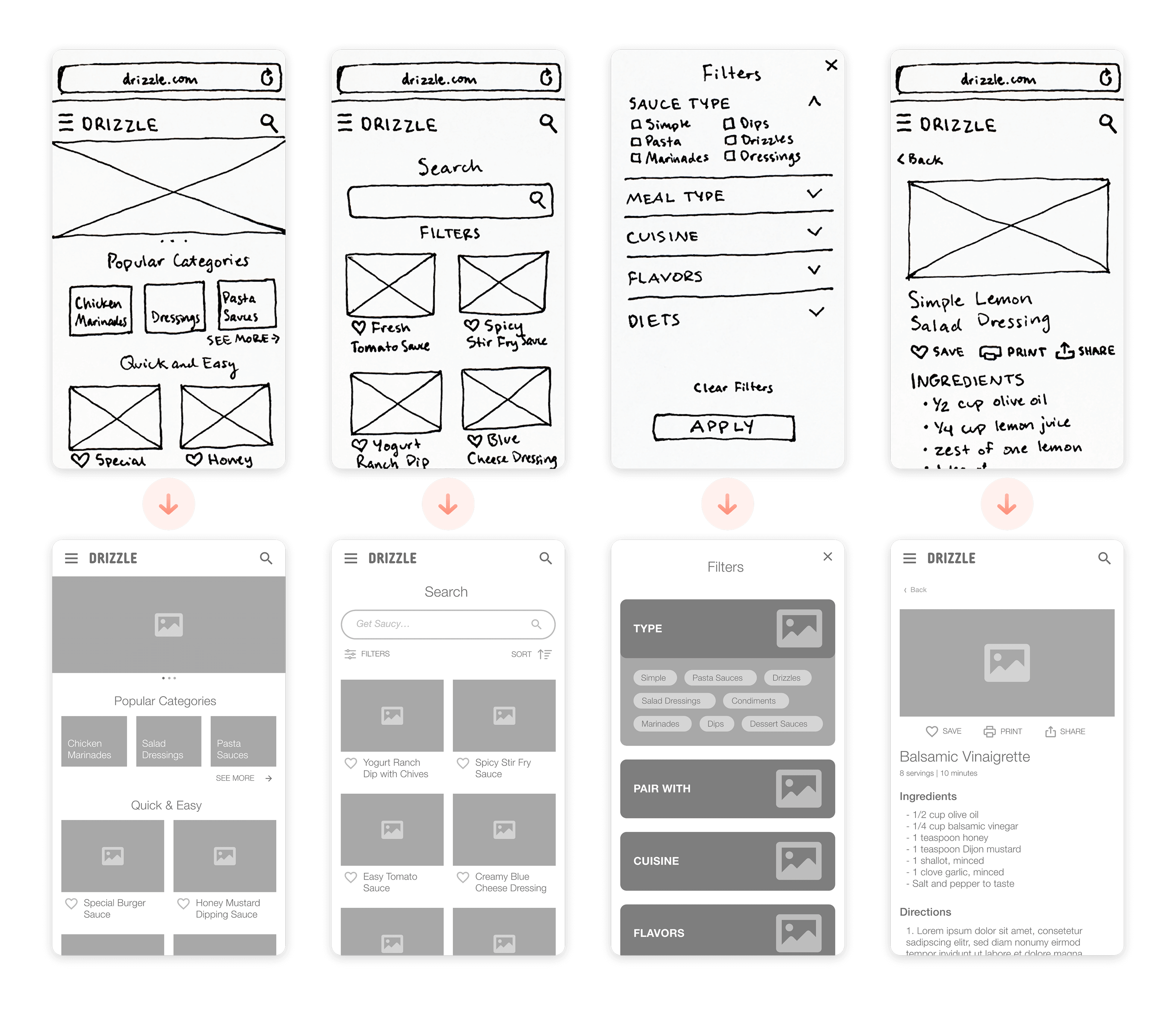 Progression of several screens from sketch to low-fidelity wireframe