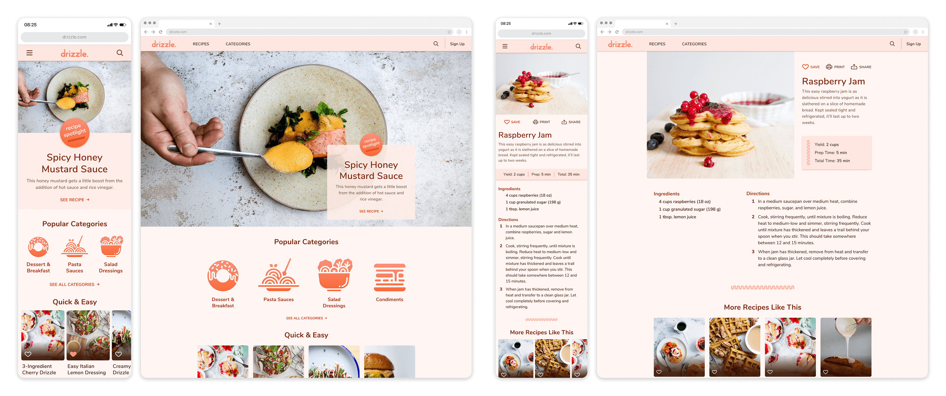 Mockups of Home and Recipes screens in mobile and desktop sizes