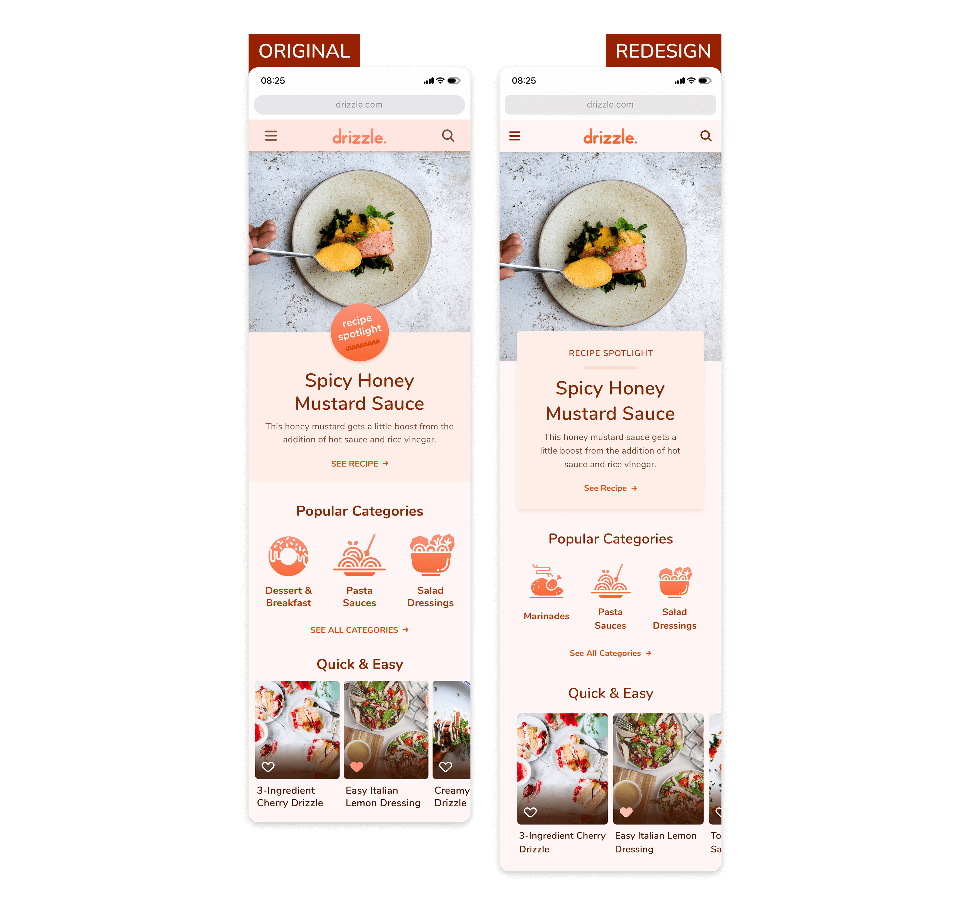 Original mobile home screen design and redesigned screen side by side