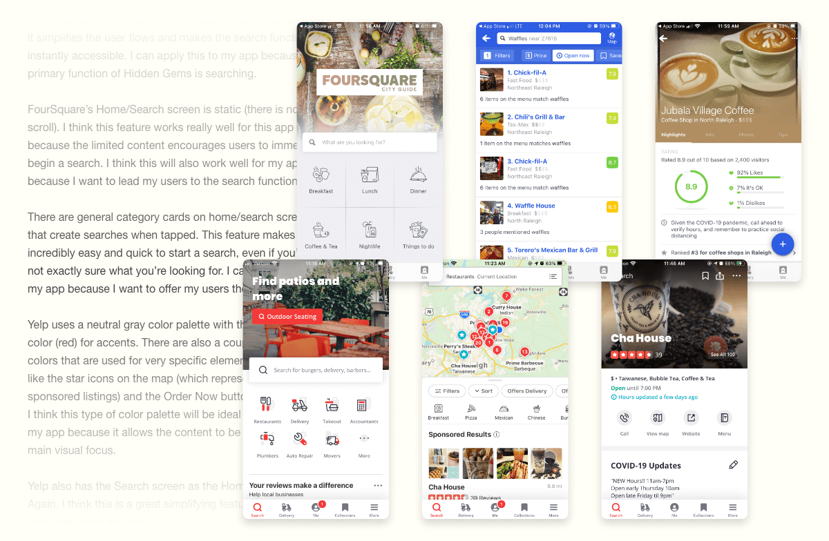 Screenshots from Yelp and FourSquare apps layered on top of text from UI analysis document.