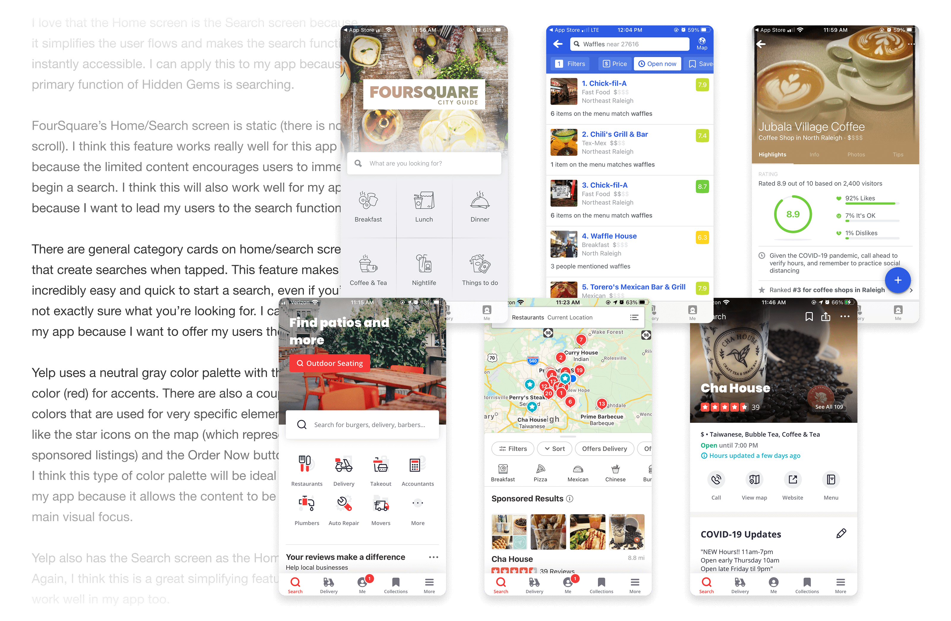 Screenshots from Yelp and FourSquare apps layered on top of text from UI analysis document.