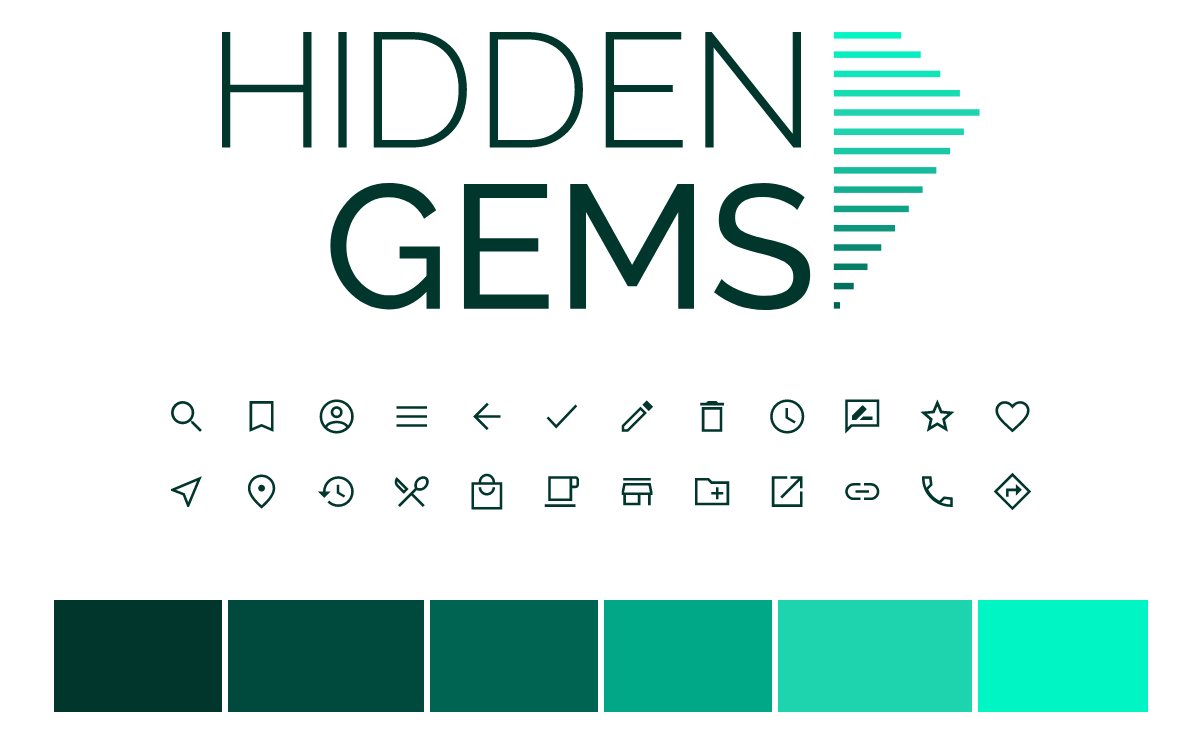 Hidden Gems logo, icon set and color palette.