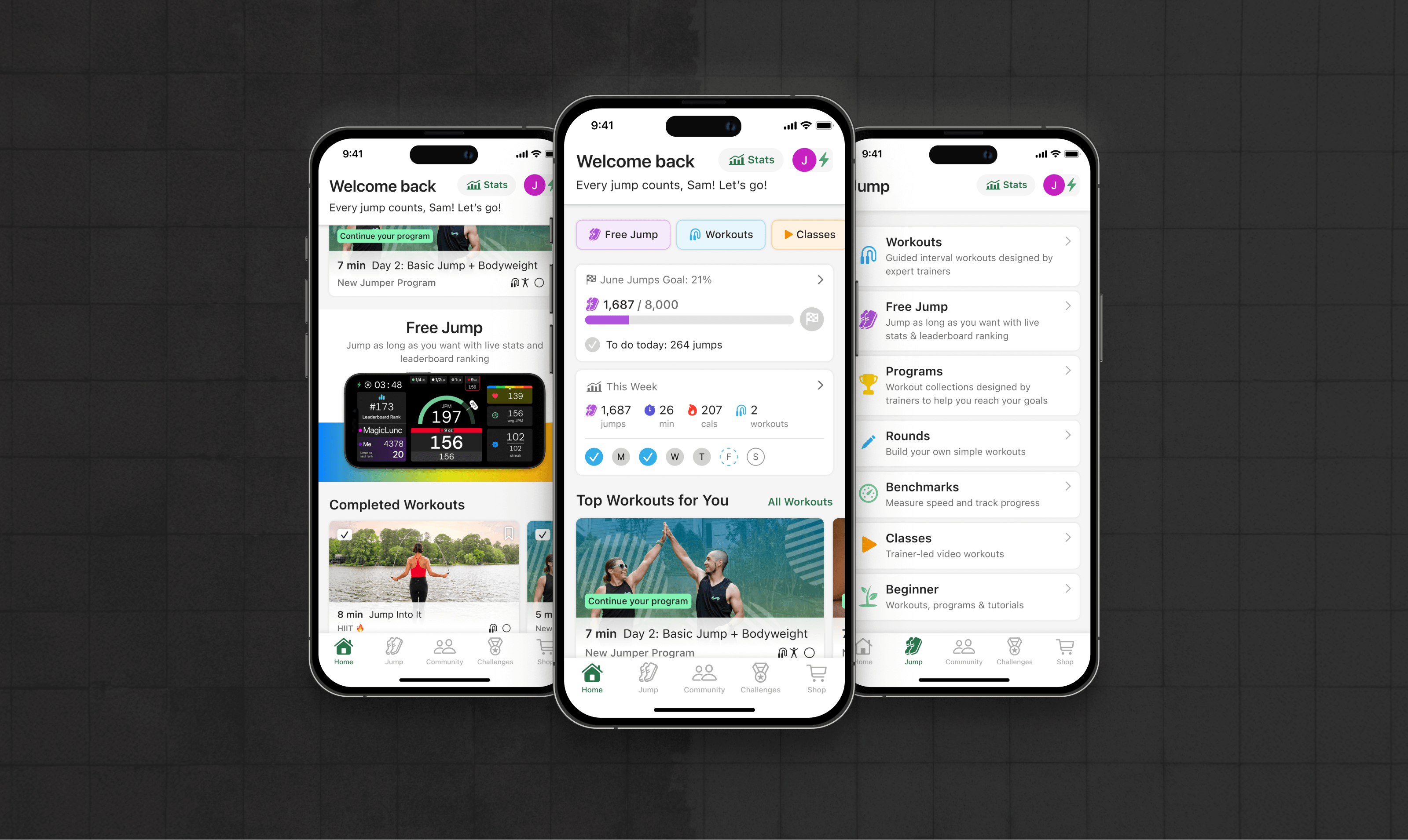Three devices displaying various screens from the Crossrope app redesign project