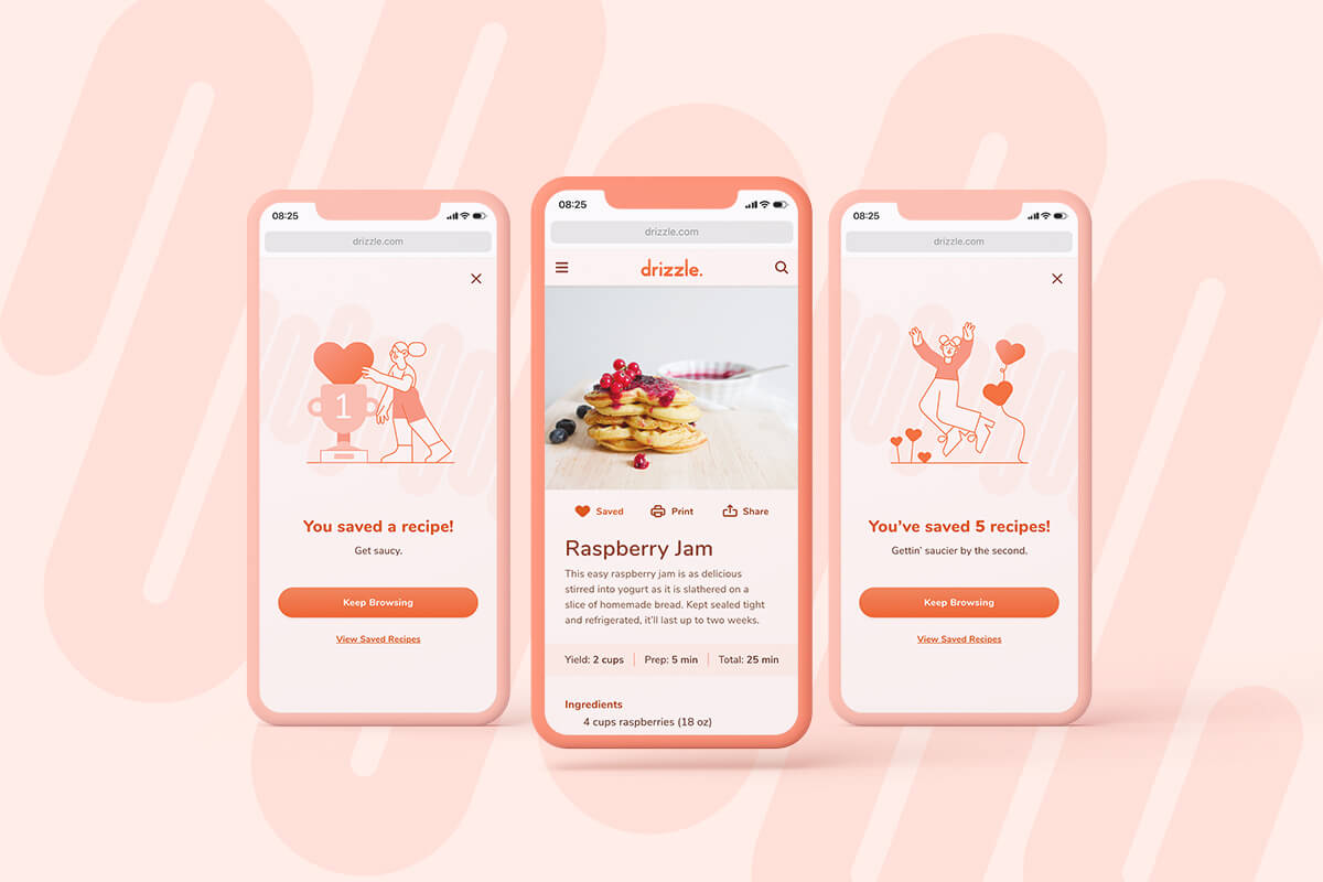 Mockup of 3 iPhones showing recipe screen and success state screens from Drizzle web app.