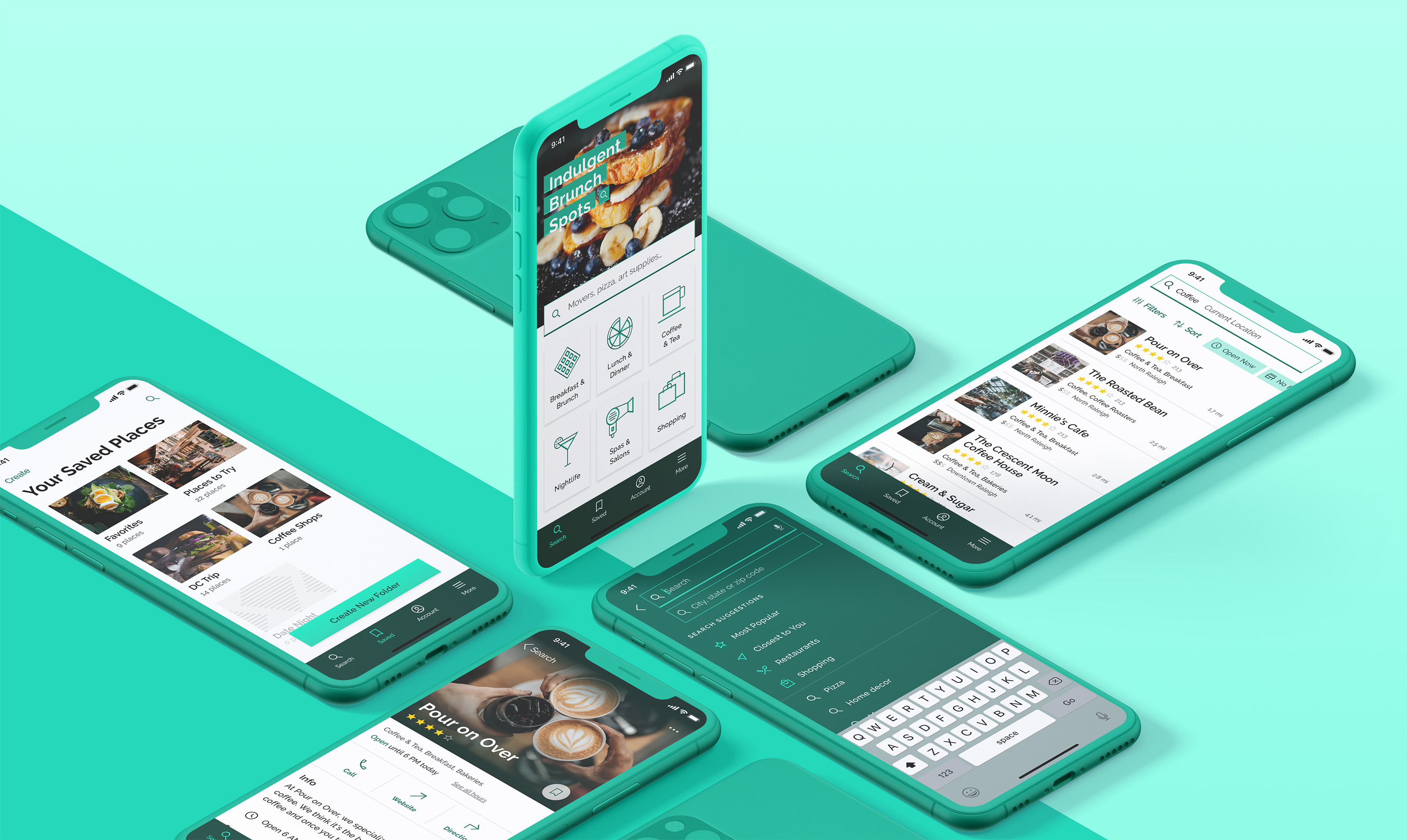 Mockup of 5 iPhones showing home, search, folders, and listing screens from Hidden Gems app