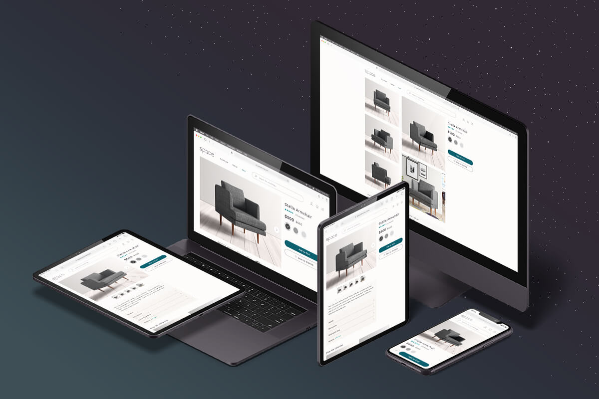 Mockup of various devices showing the product listing screen from Space web app.