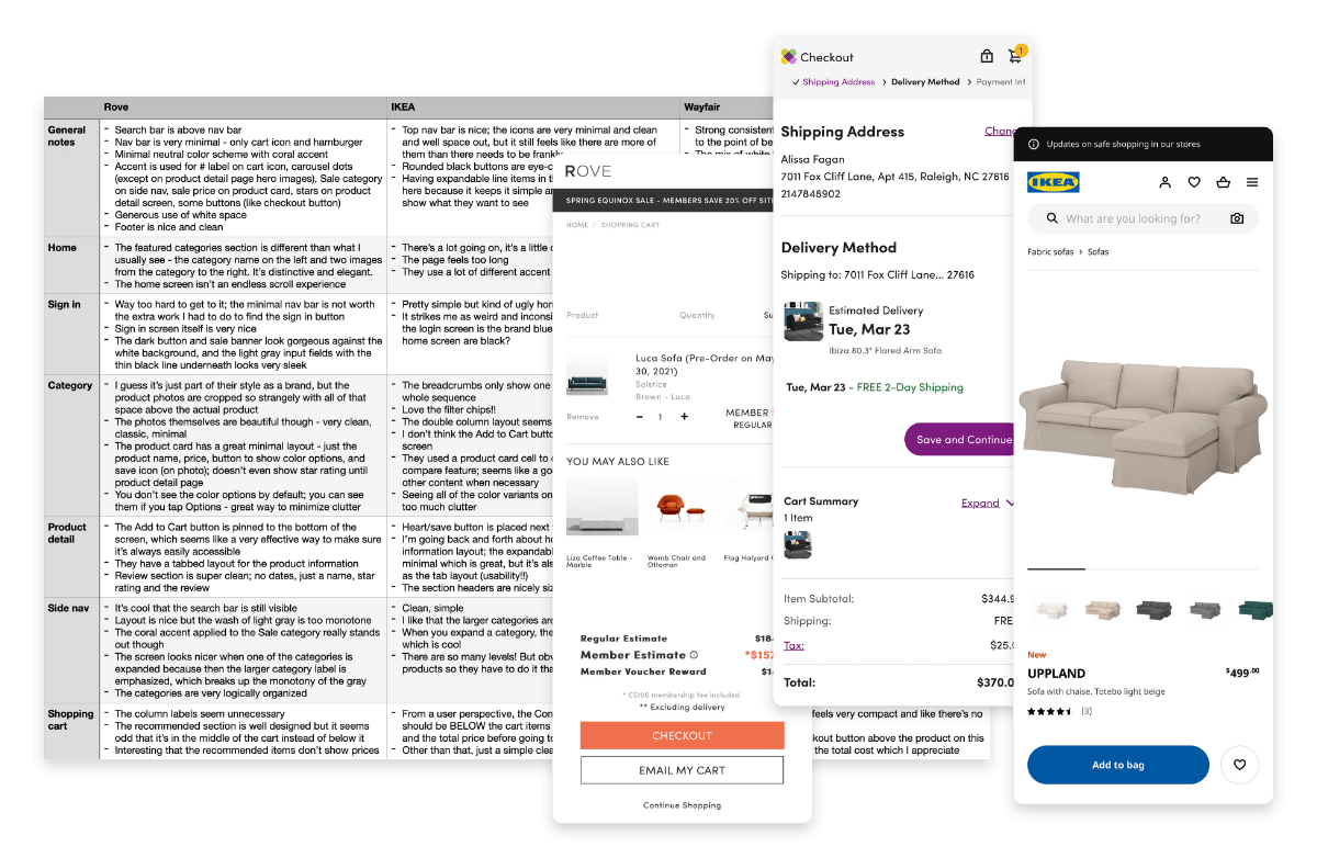 Screenshots from Ikea and Wayfair websites layered on top of UI/UX analysis spreadsheet.