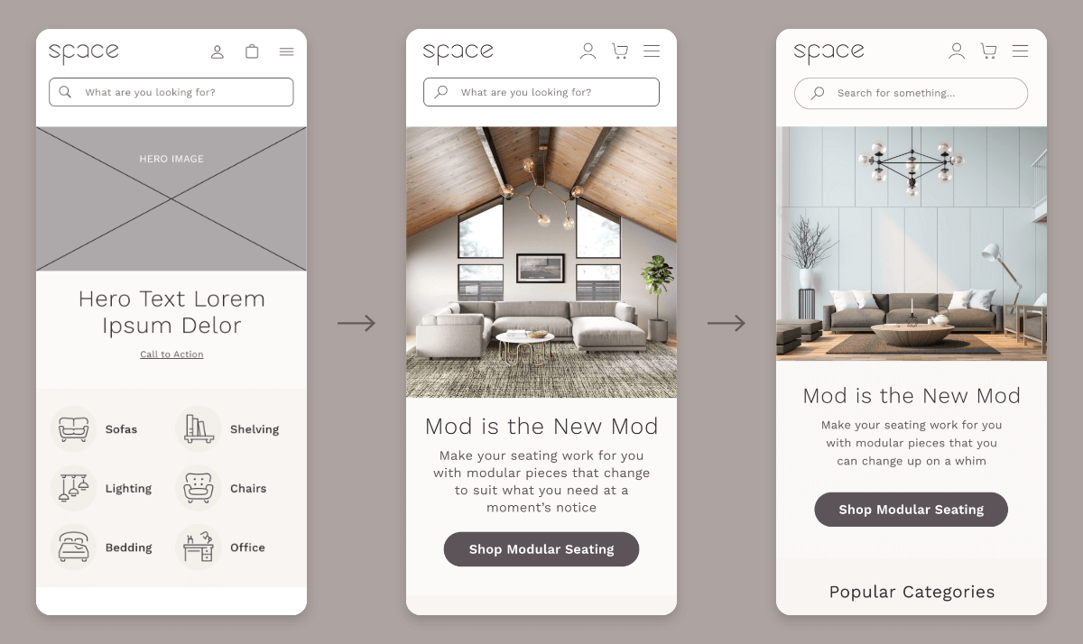 Progression of home screen wireframe from mid to high-fidelity.